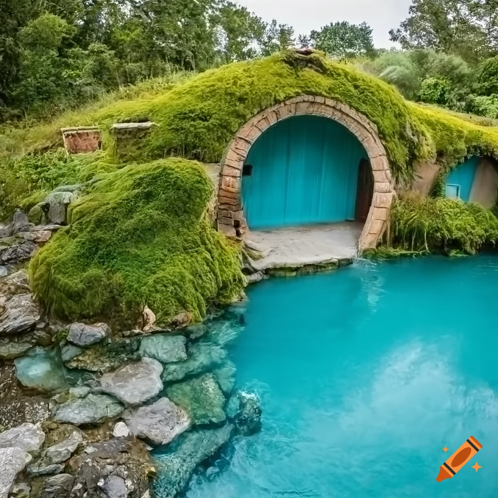 Mossy hobbit house with clear blue water pool and slide
