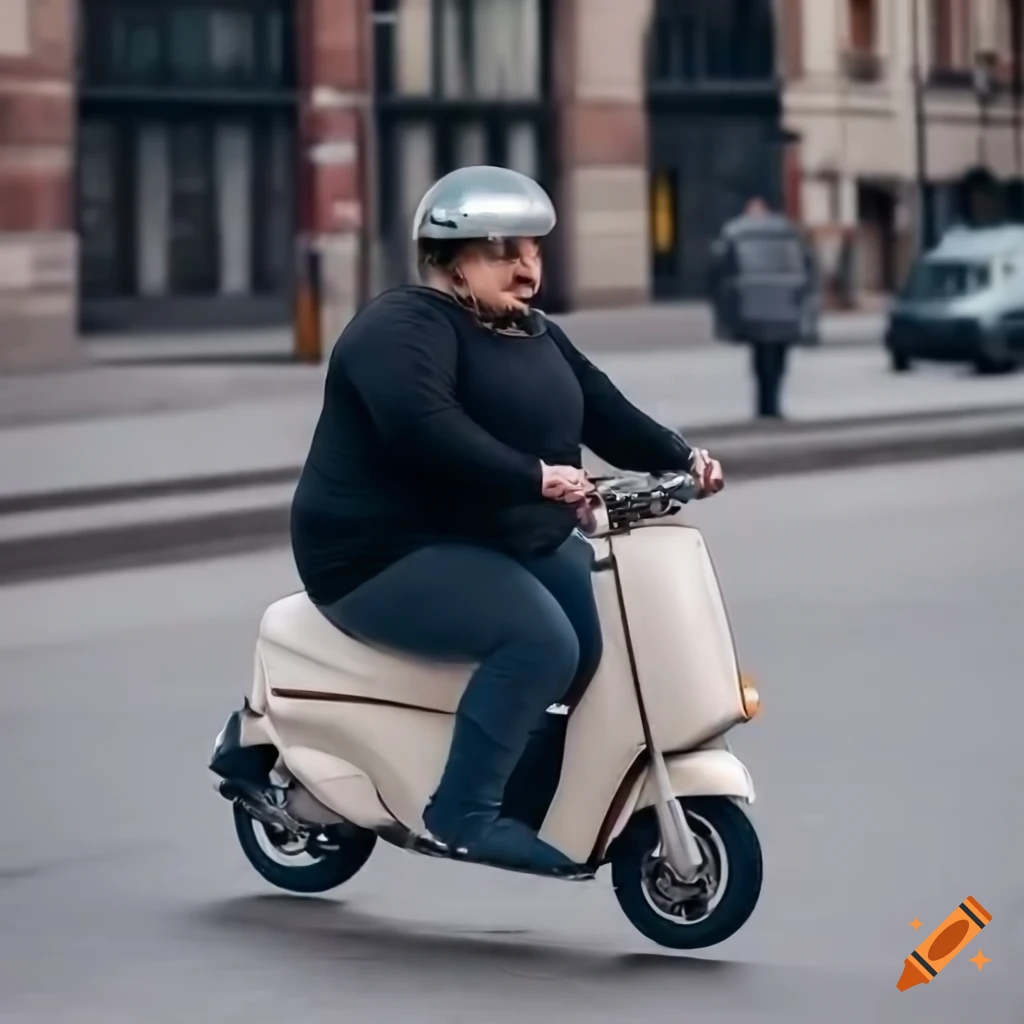 Overweight man riding a scooter with city street background