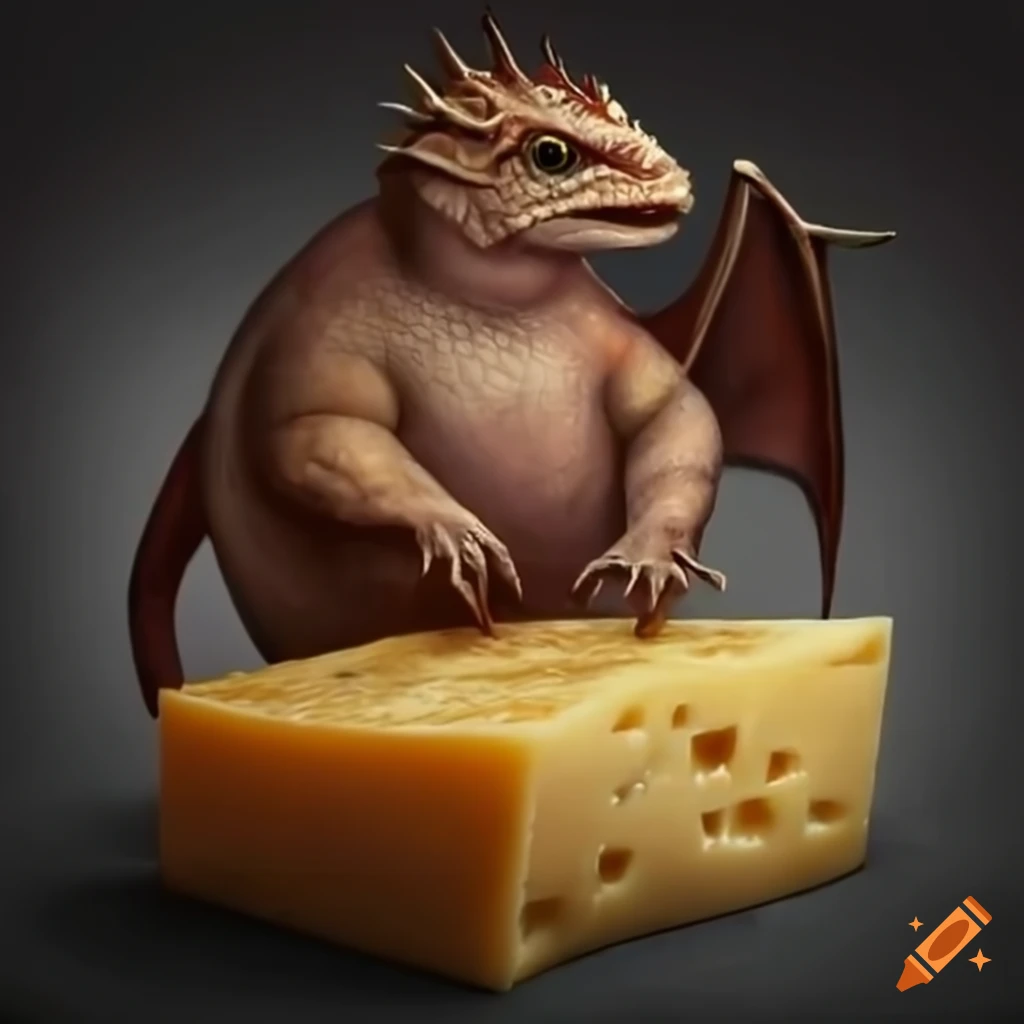 Fat round little dragon eating a huge wedge of cheese