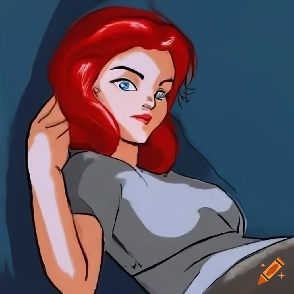 Barbara from Batman animated series with red hair and ice-blue eyes laying in bed