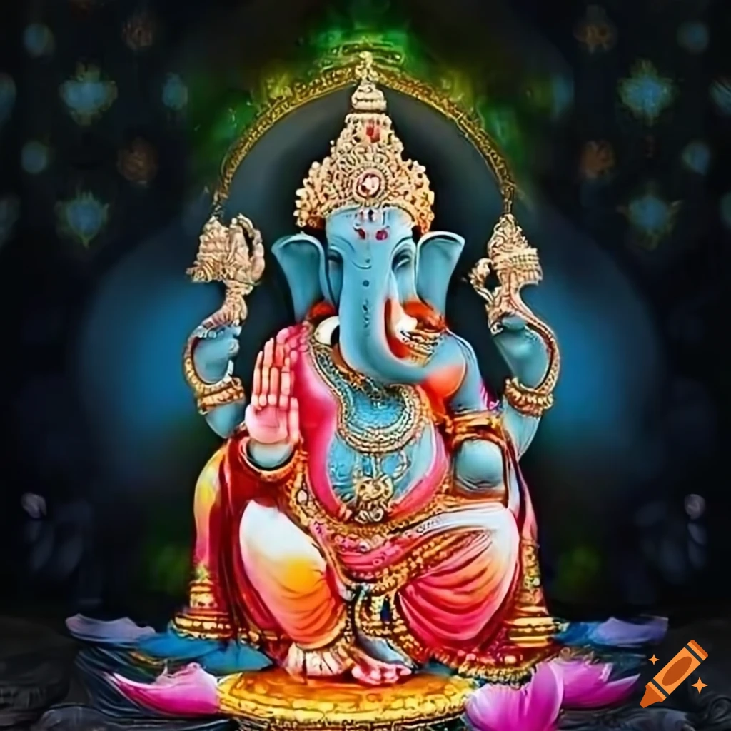 Lord Ganesha surrounded by lotus flowers with Musika and Nagas