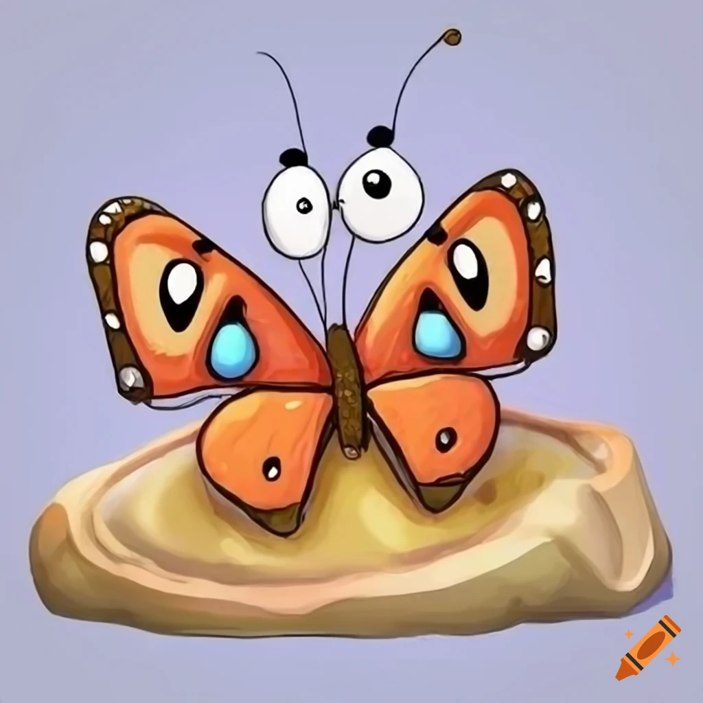 Whimsical cartoon butterfly stuck in butter with a cute puzzled expression