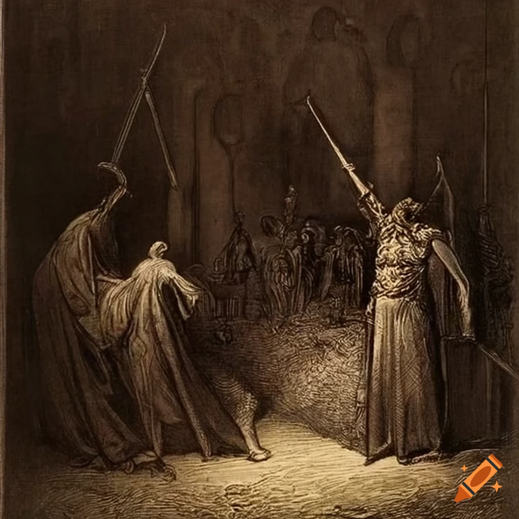 Man wielding two curved swords surrounded by higher beings in Gustave Dore's artwork