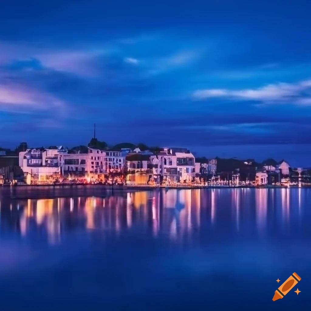 Coastal architecture and vibrant harbor with people under a summer evening sky