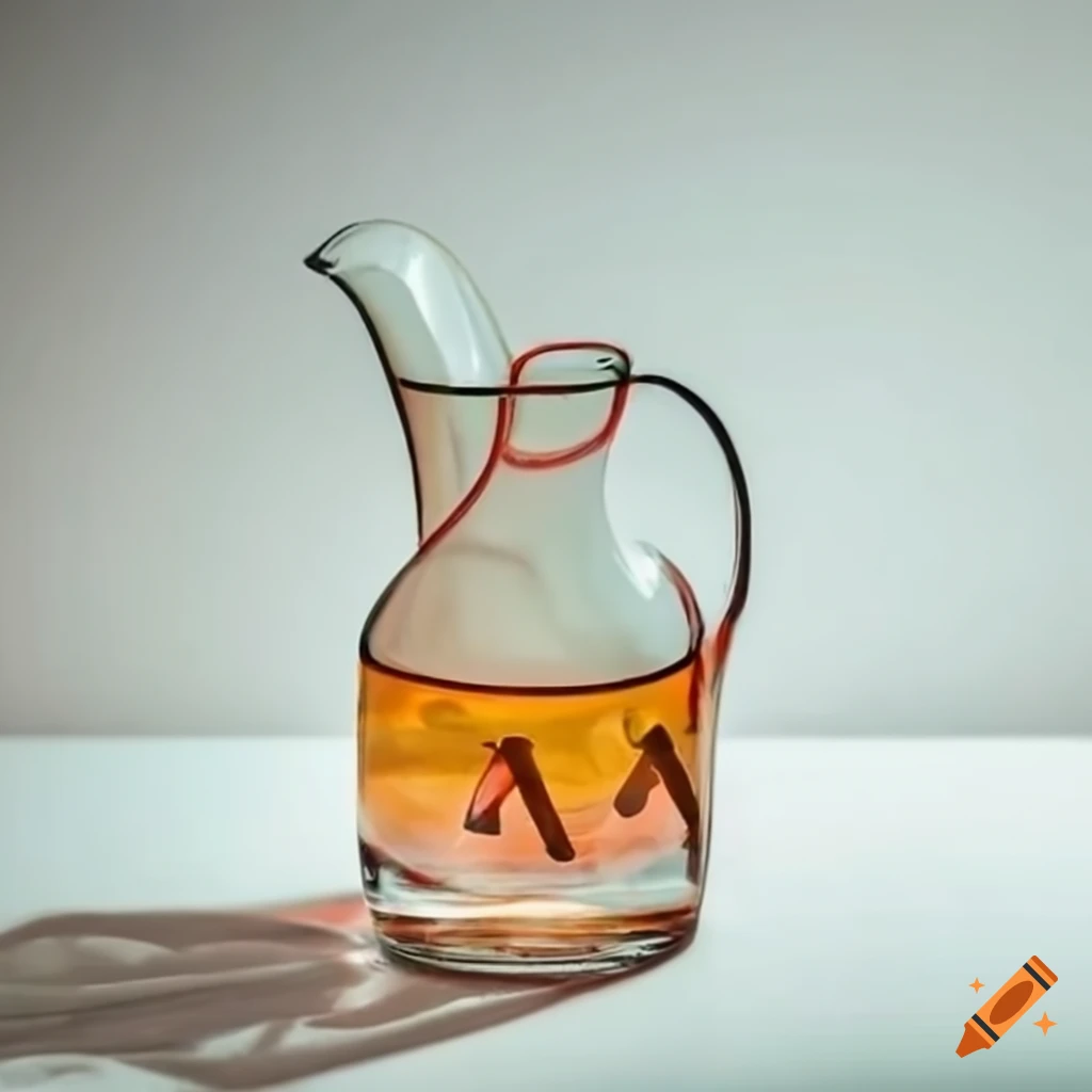 Glass jug with silk-screened letters on modern table
