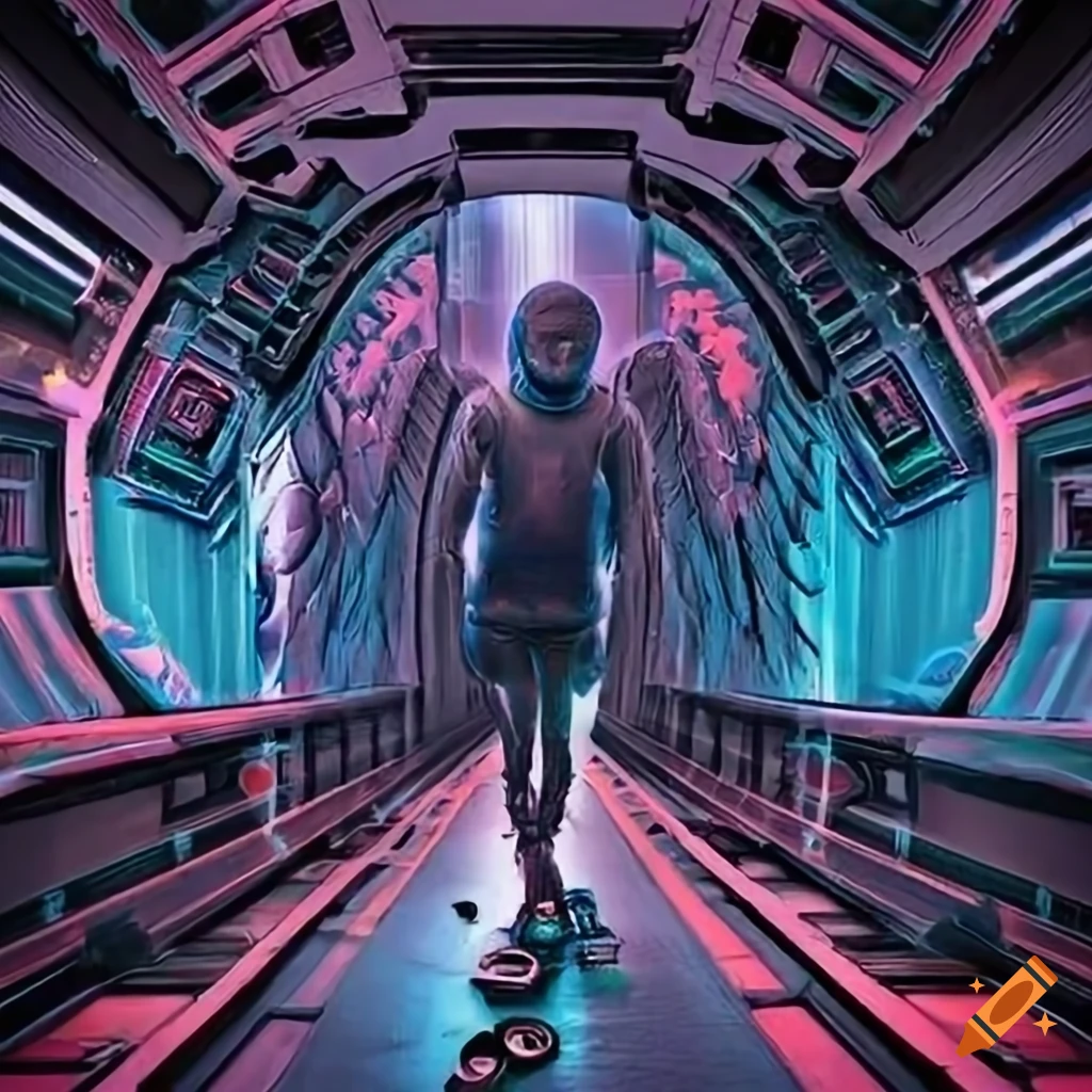 Sci-fi martian underground train art featuring a melting angel in a black balaclava with 80s lighting