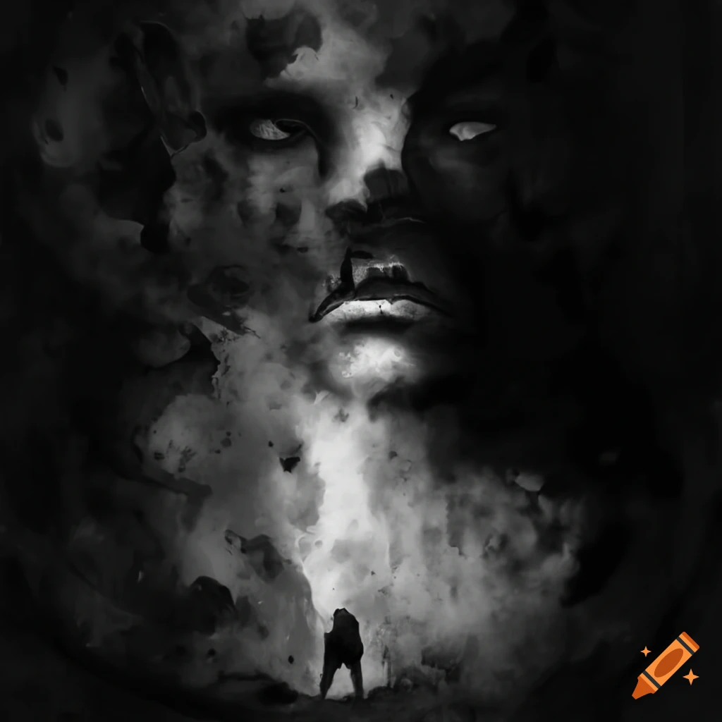 Surreal black and white depiction of a man bursting into ashes