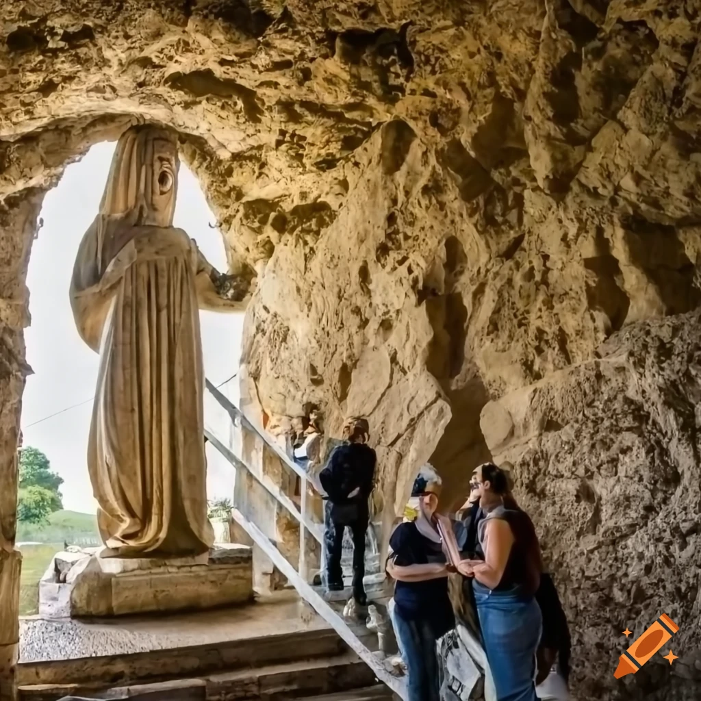 Medieval statue of a stone woman in a cave with people watching