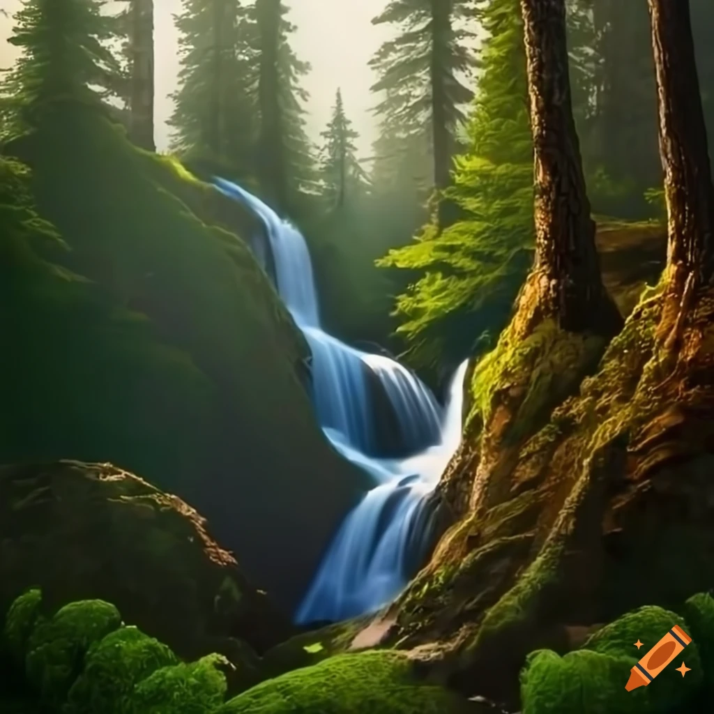 Scenic view of mountains, pine forest, and cascading waterfall