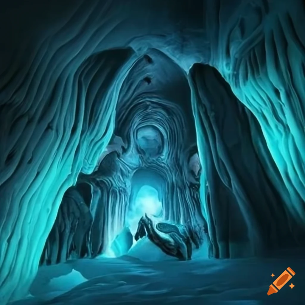 Ice cave fortress with sci-fi alien technology and dramatic lighting by H.R. Giger