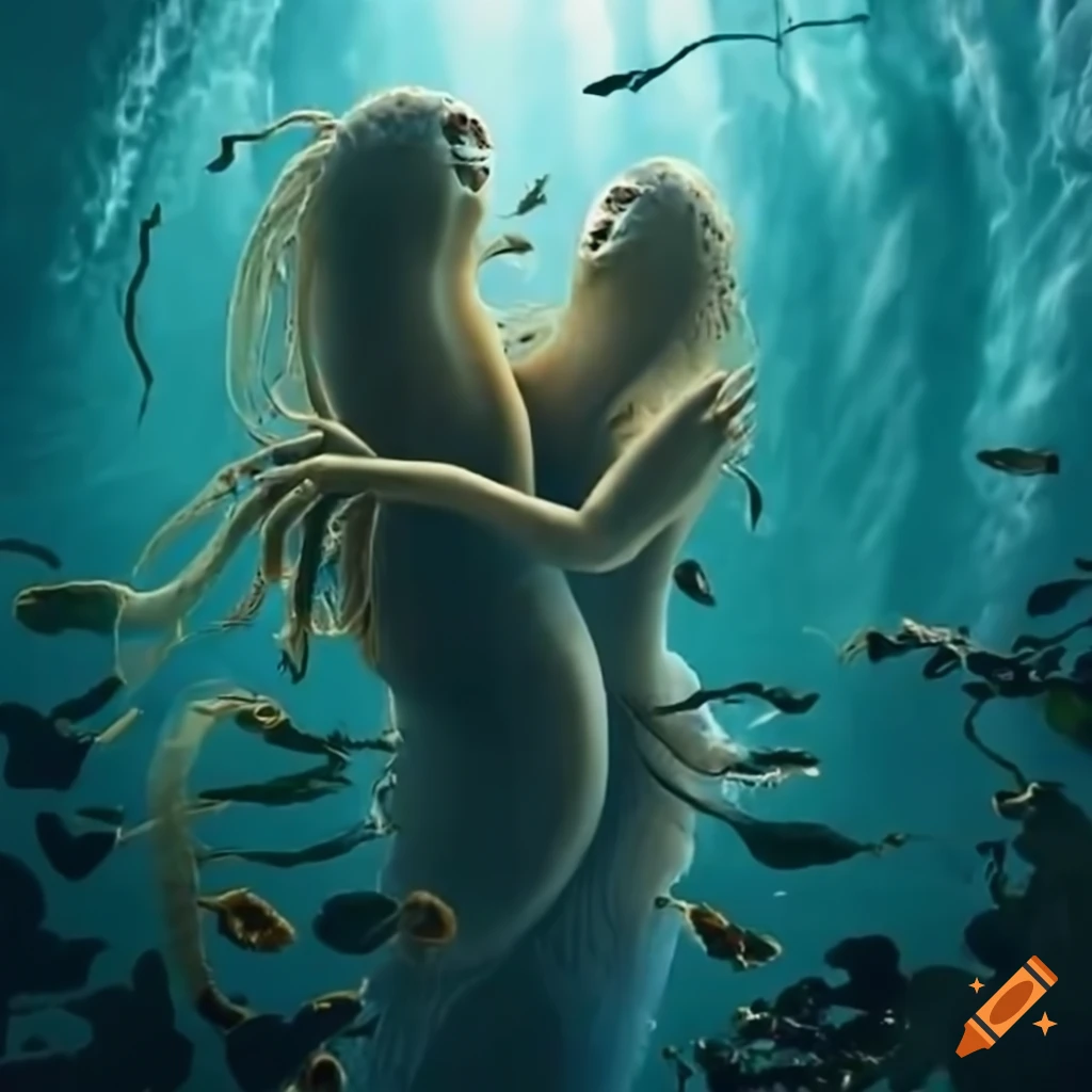 Embracing couple with tentacle limbs under a waterfall