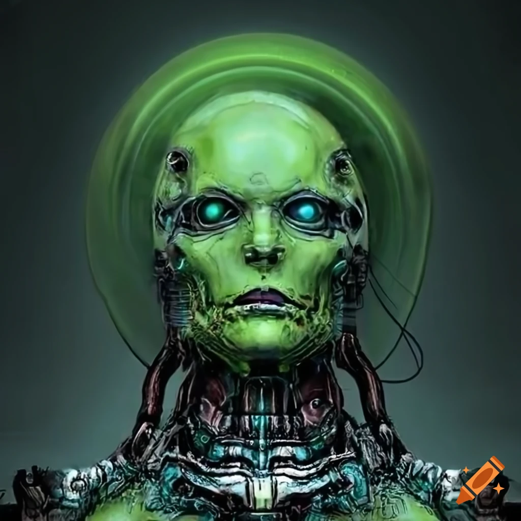 Elon Musk depicted as a Brainiac cyborg in a sci-fi alien setting