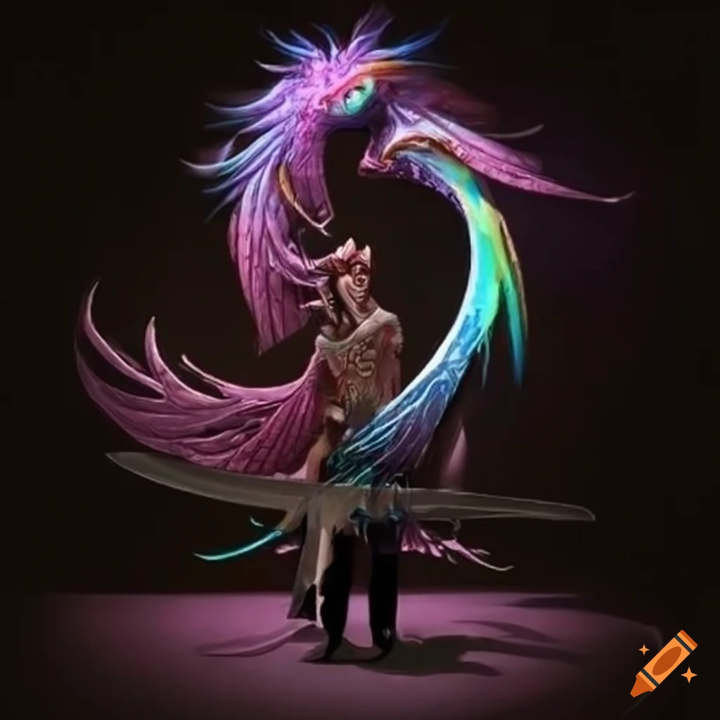 Intricately designed Zanpakuto sword with rainbow wings in a mythical style