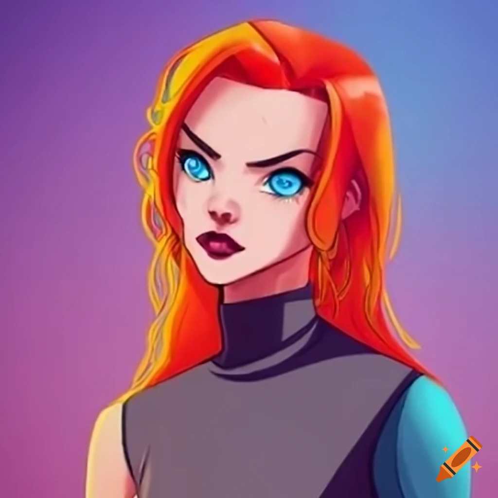 Barbara from Batman animated series with red hair and ice-blue eyes in a dark gray sleeveless shirt