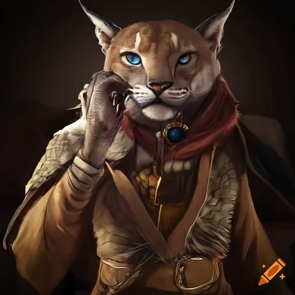 Anthropomorphic Dragon Cougar Adventurer with blue eyes in Classic Anime Art style