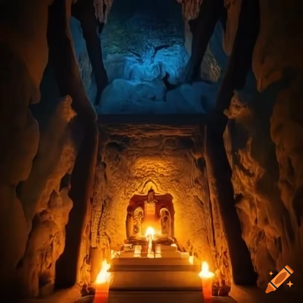 Intricate Japanese cave with traditional torches leading to a sacred pedestal