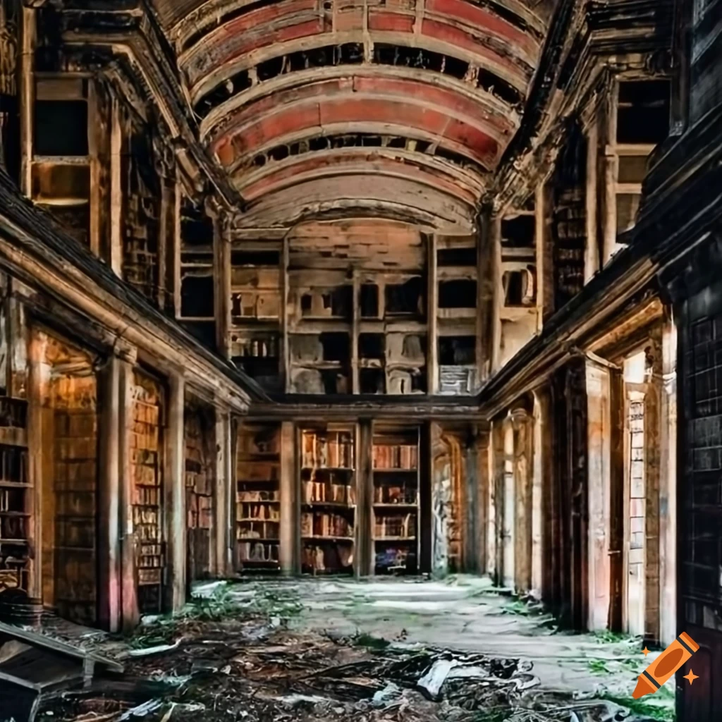 Detailed photograph of abandoned library