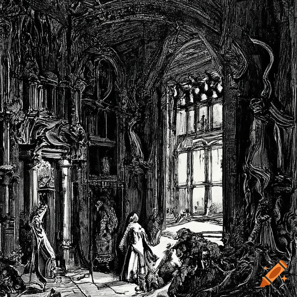 Mansion interior illuminated by moonlight through a window in ink drawing