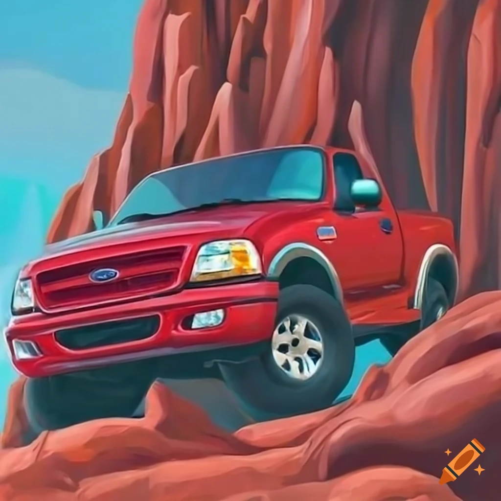 Red Ford 2002 F-150 climbing a cliff like a rock climber in a painting