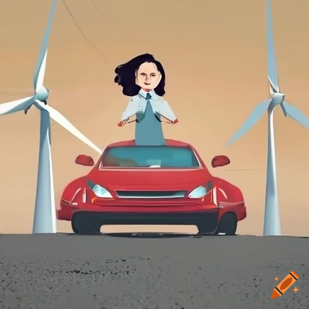Young businesswoman driving successfully through obstacles with wind turbines in the background