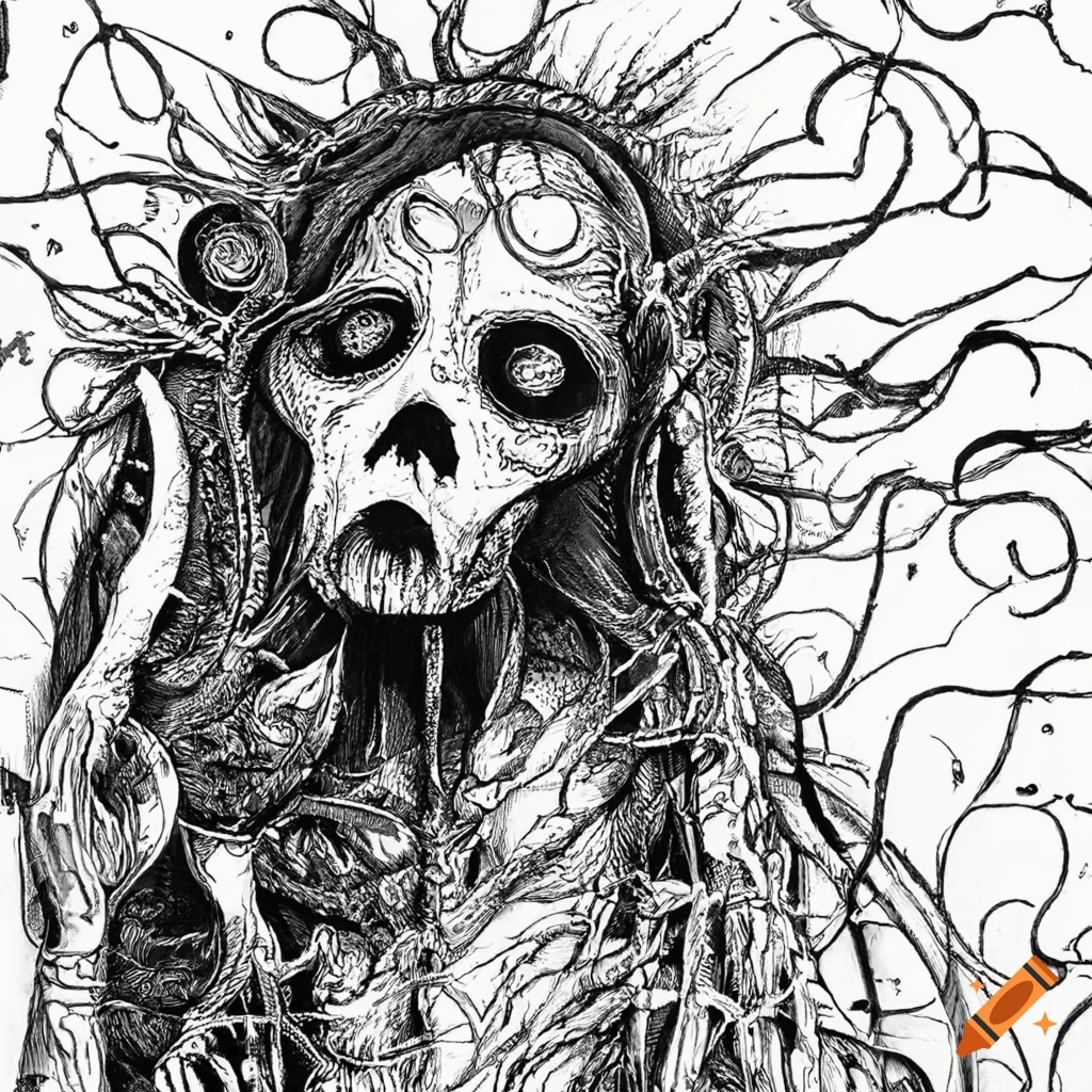 Intricate black and white ink drawing of a tormented ghost with extreme anxiety