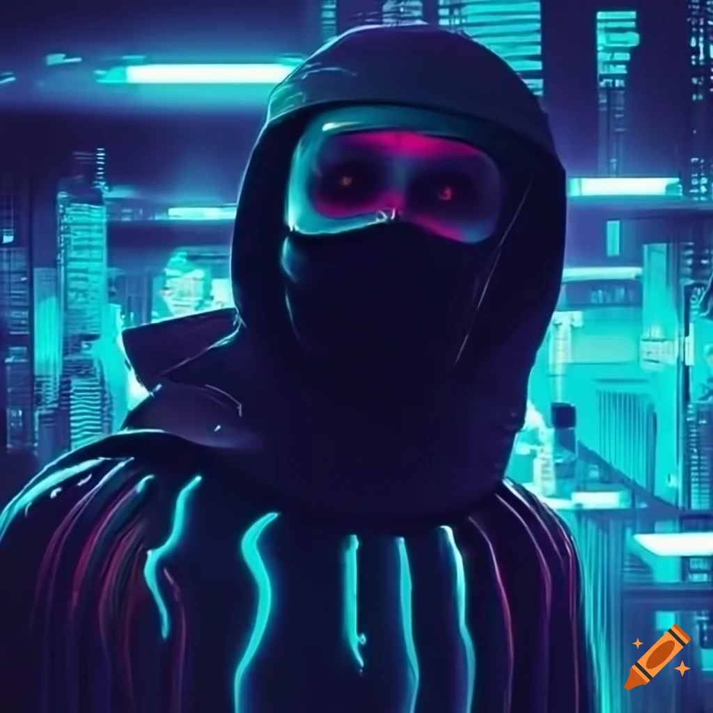 Sci-fi martian underground train art featuring a melting angel in a black balaclava with 80s lighting