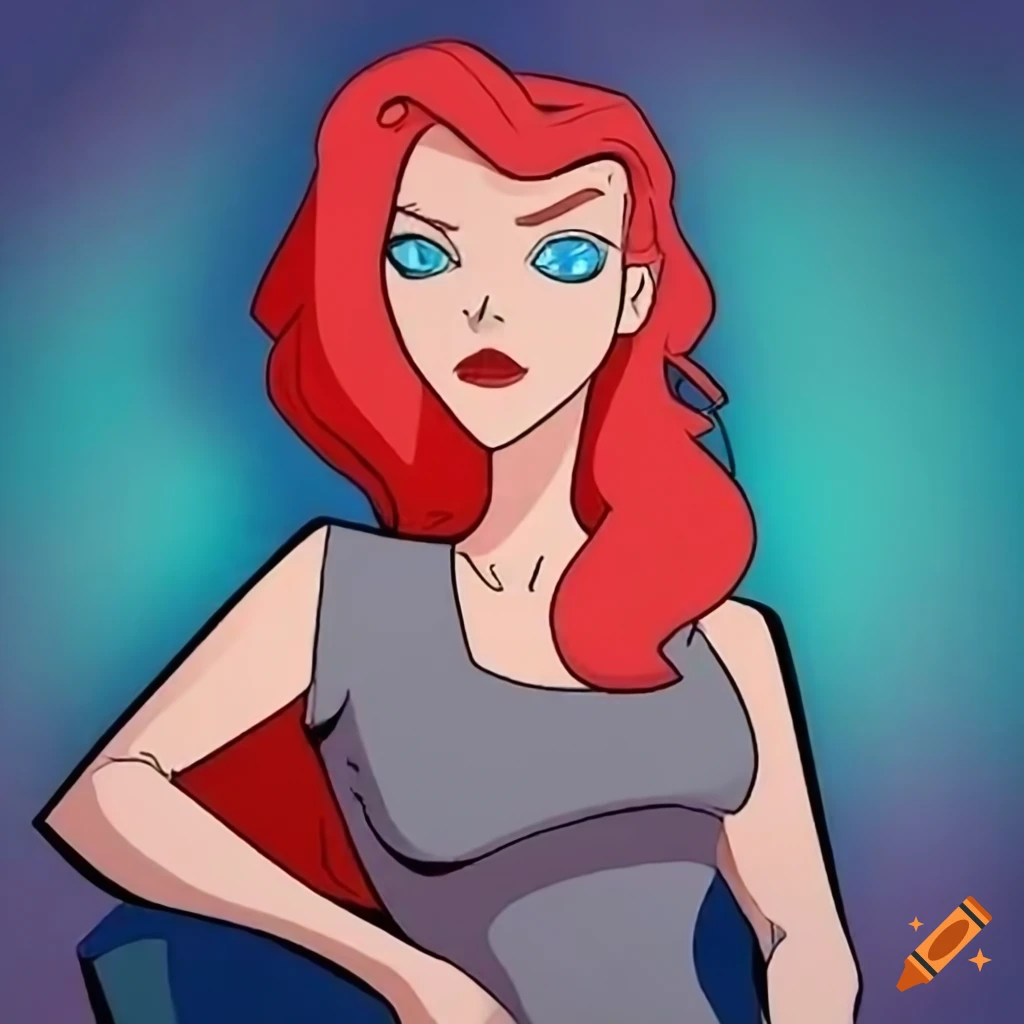 Barbara from Batman animated series with red hair and ice-blue eyes laying in bed