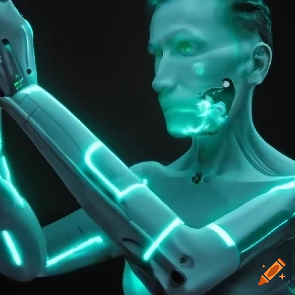 Glowing skinny male cyborg with enlarged head in photorealistic style