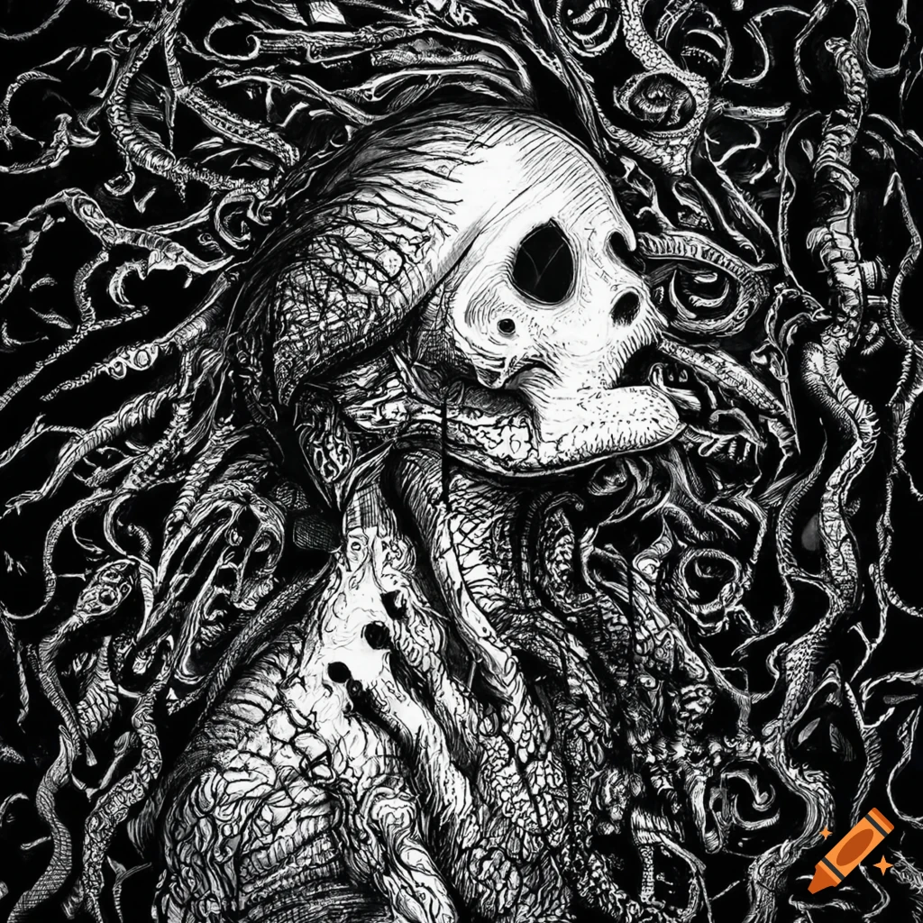 Intricate black and white ink drawing of tormented ghost in extreme anxiety