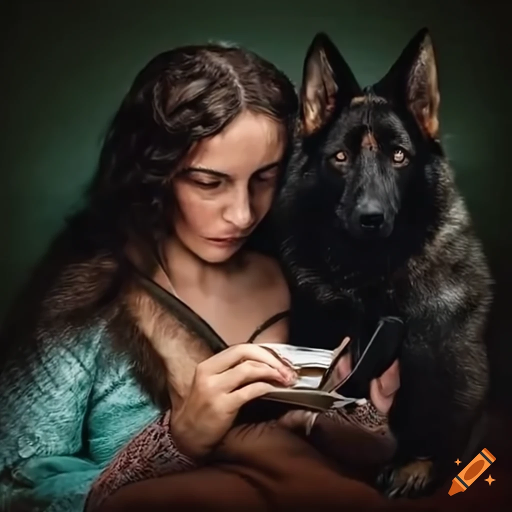 Woman reading tarot cards with a black German Shepherd dog