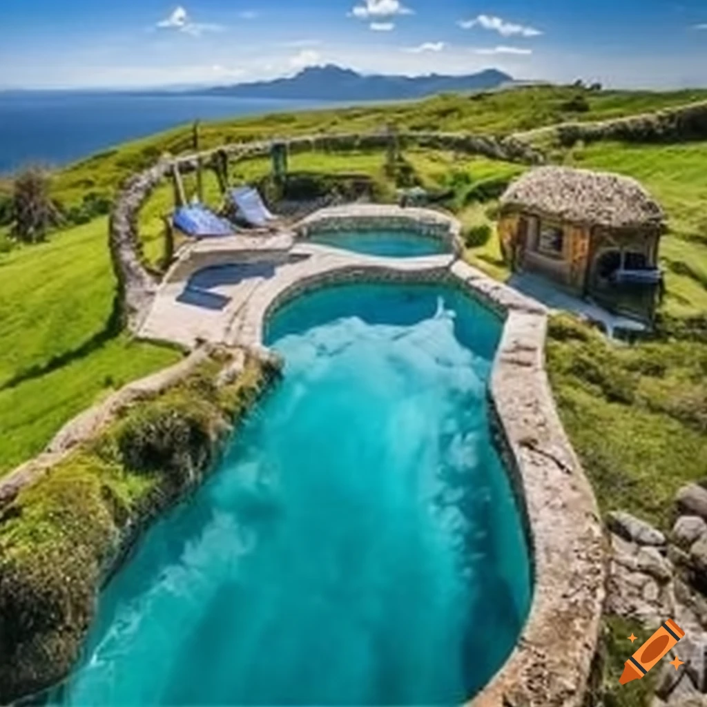 Mossy hobbit house with clear blue water pool and slide