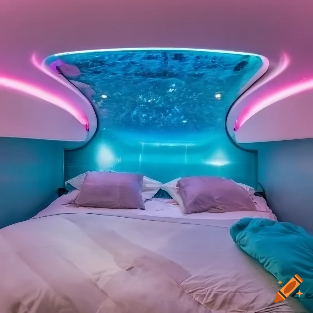 Futuristic pink bedroom with a clear blue water pool and slide on Craiyon