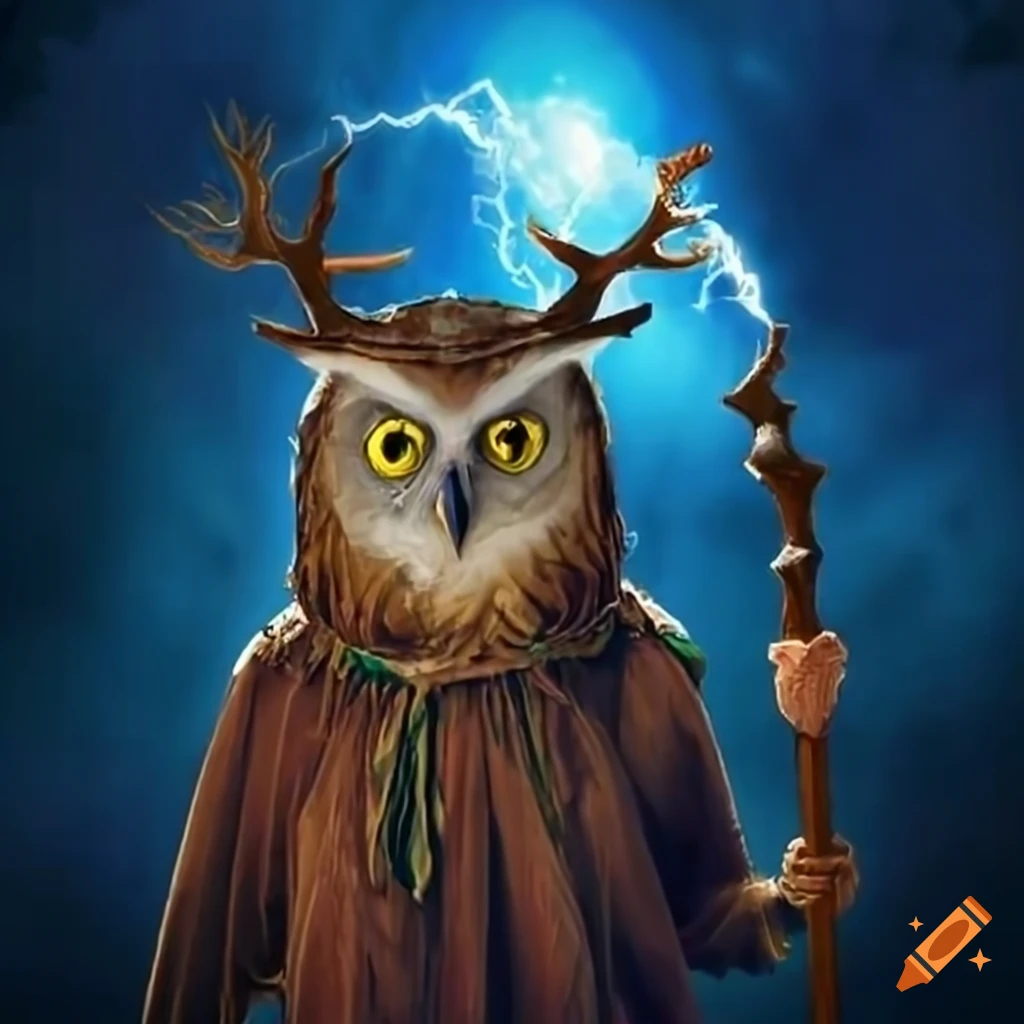 Owl with antlers in wizard robes casting lightning bolts