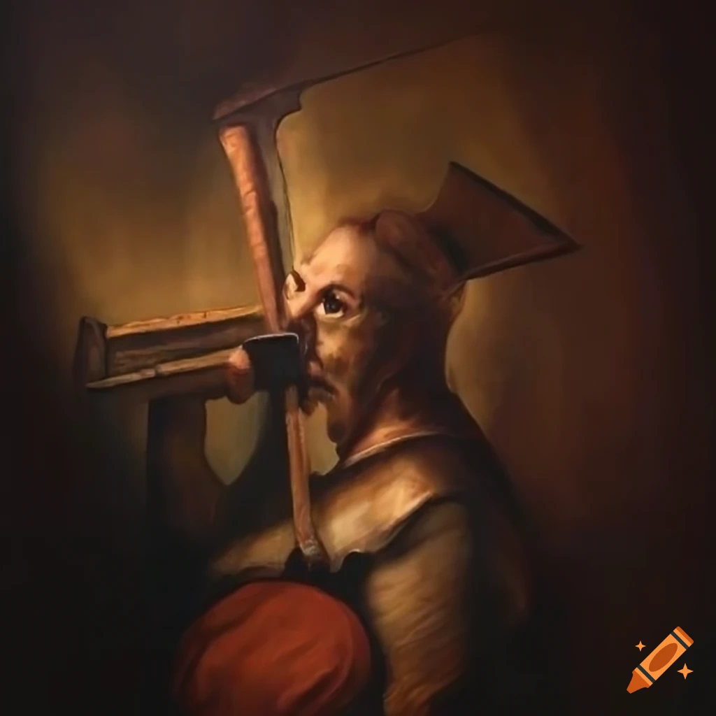 Traditional German painting of an axe hanging above a wooden door