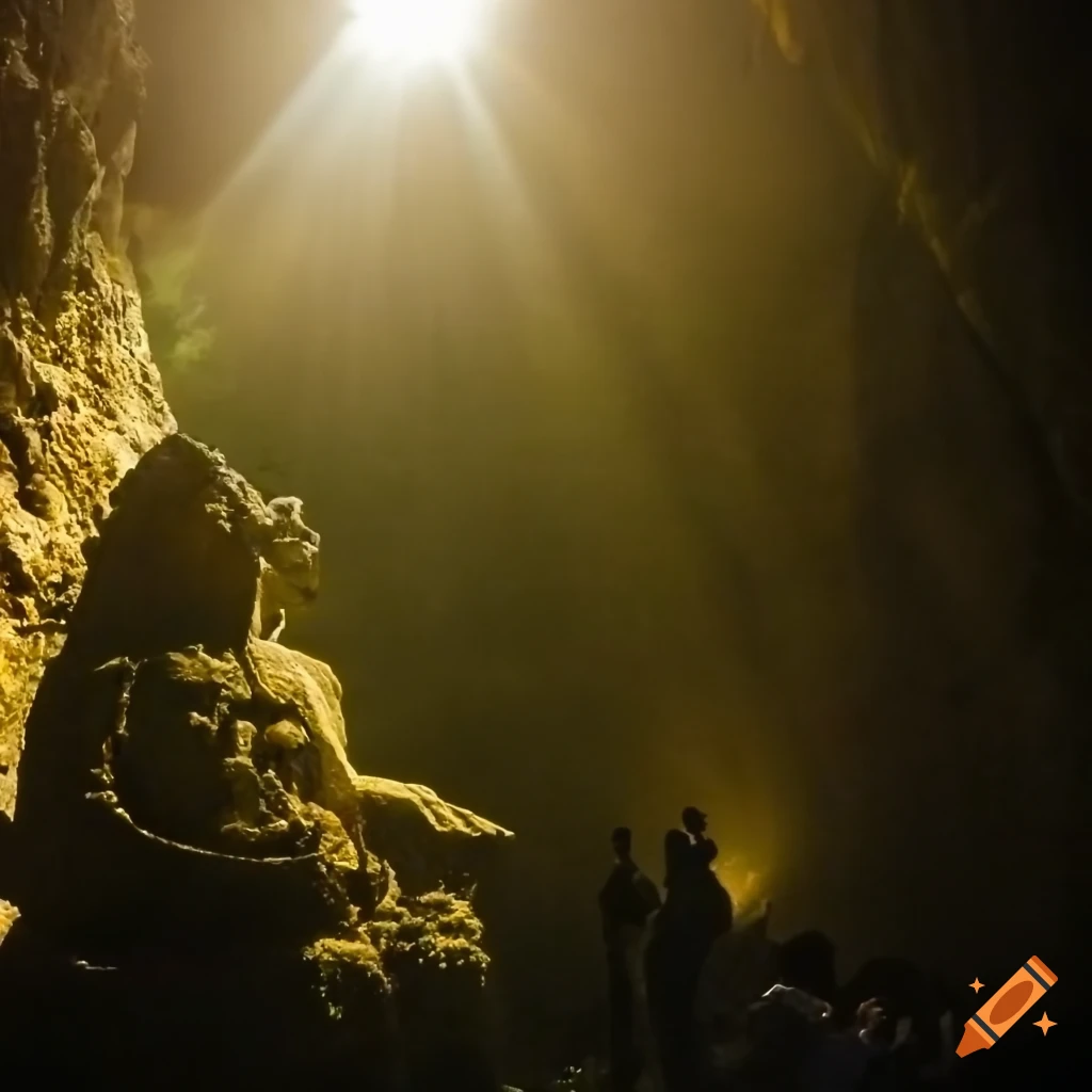 Medieval statue of a stone creature in a cave with people admiring it