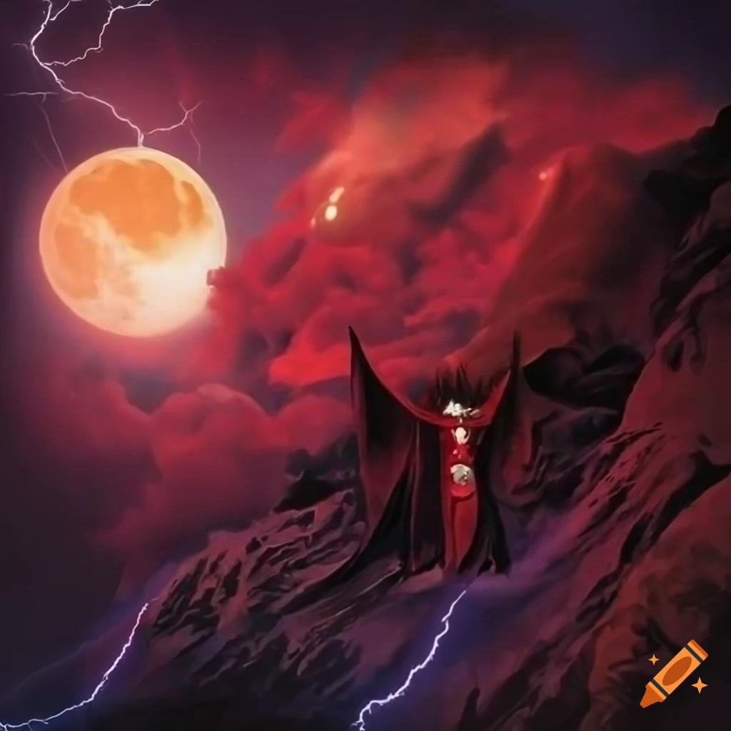 Red cloaked wizard in a storm with lightning on a mountain