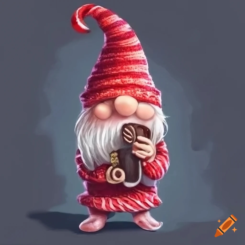 Whimsical gnome enjoying hot drink and candy cane