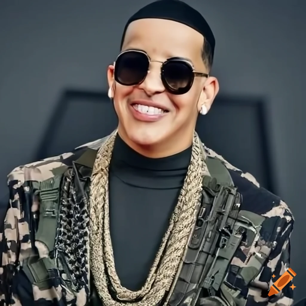 Daddy Yankee posing with a military background
