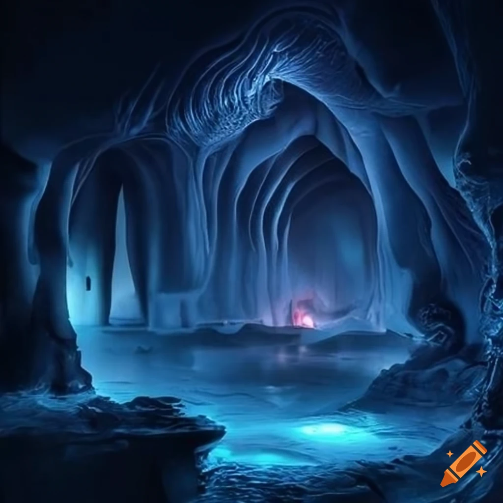 Ice cave fortress with dramatic lighting and sci-fi alien technology by H.R. Giger