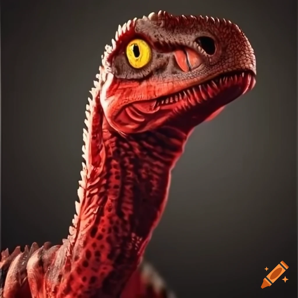 Red dinosaur hatching from an egg