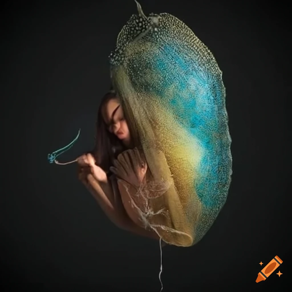 Woman emerging from a cocoon transforming into a butterfly