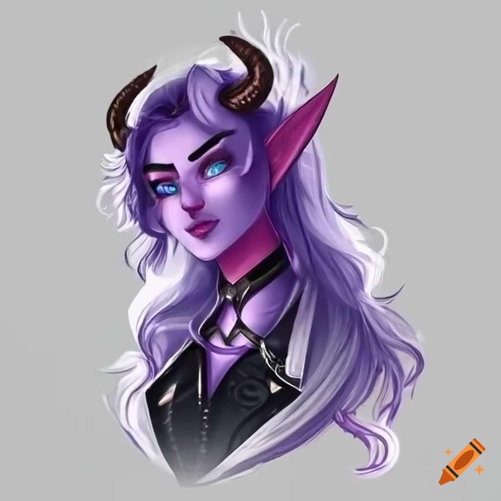 Stunning Tiefling character with purple skin, blue eyes, and long white wavy hair in elegant attire