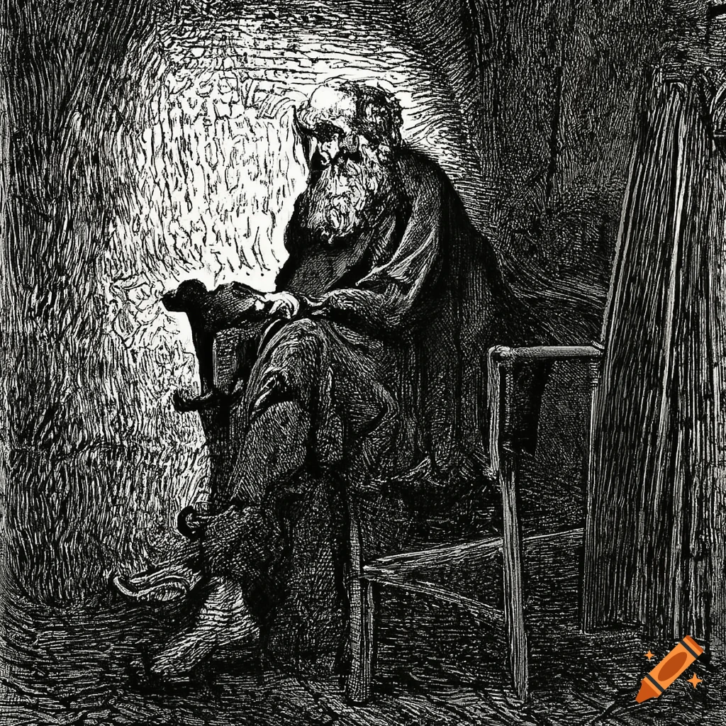Strange old man seated on a chair in a black and white ink drawing by Gustave Doré