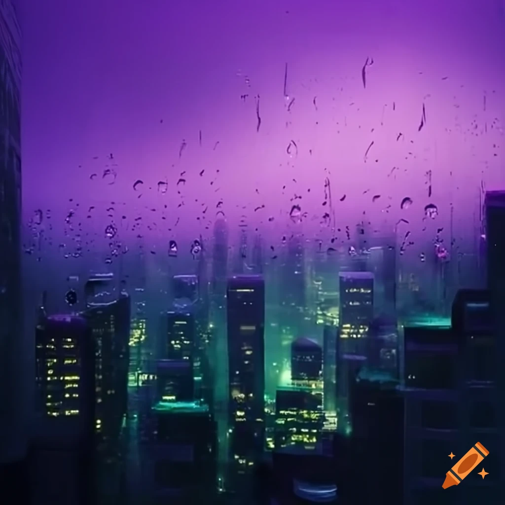 Cityscape with purple and green hues during rain