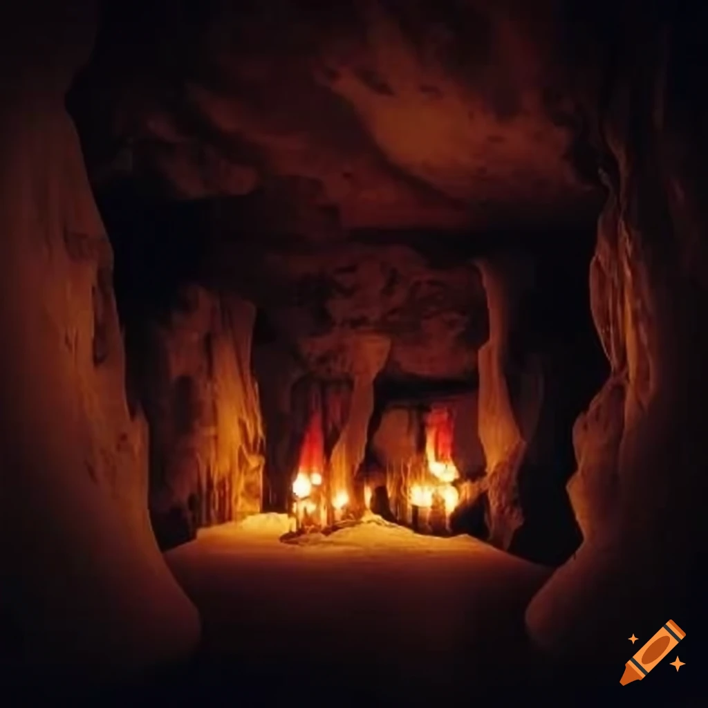 Interior of a dark cave with Japanese-style torches around a stone pedestal