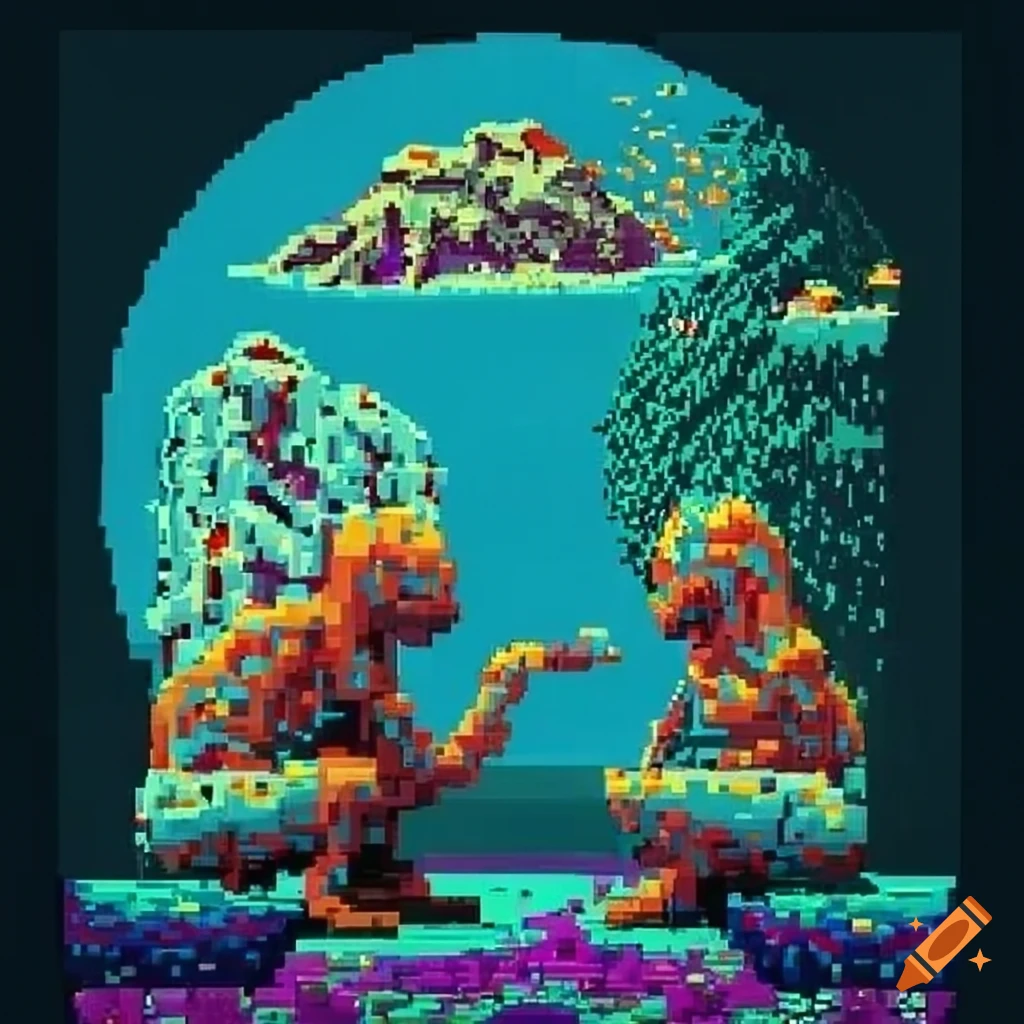 Pixelated tribal shamanic psychedelic settlement in 4-bit C64 style