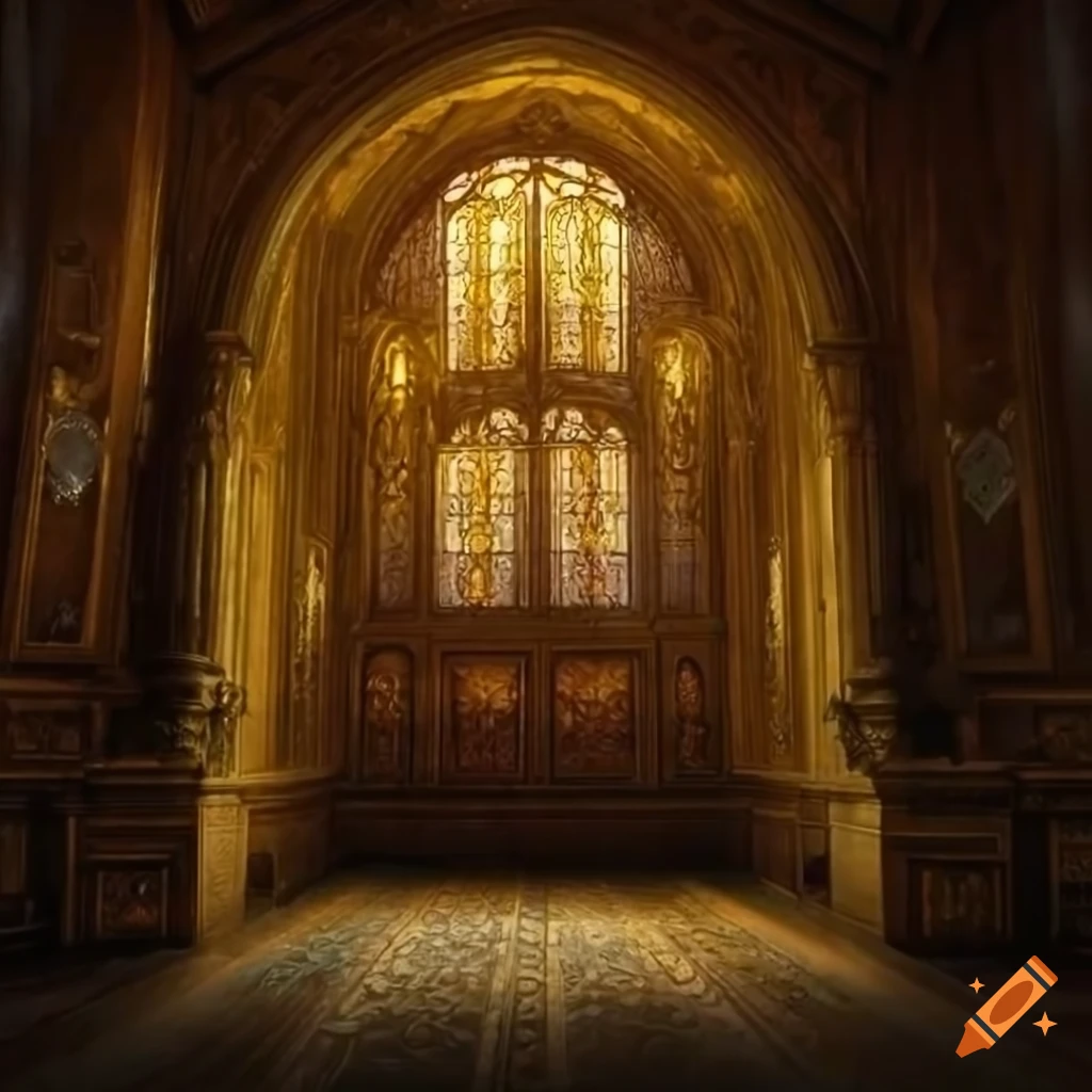 Interior of a castle room with golden stained glass walls and christogram decoration