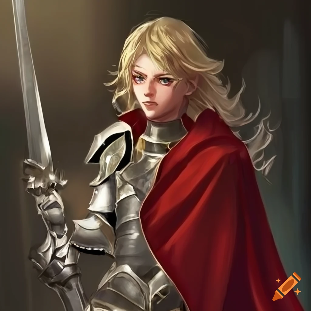 Prince Rolan in shiny silver armor with red cape holding a longsword