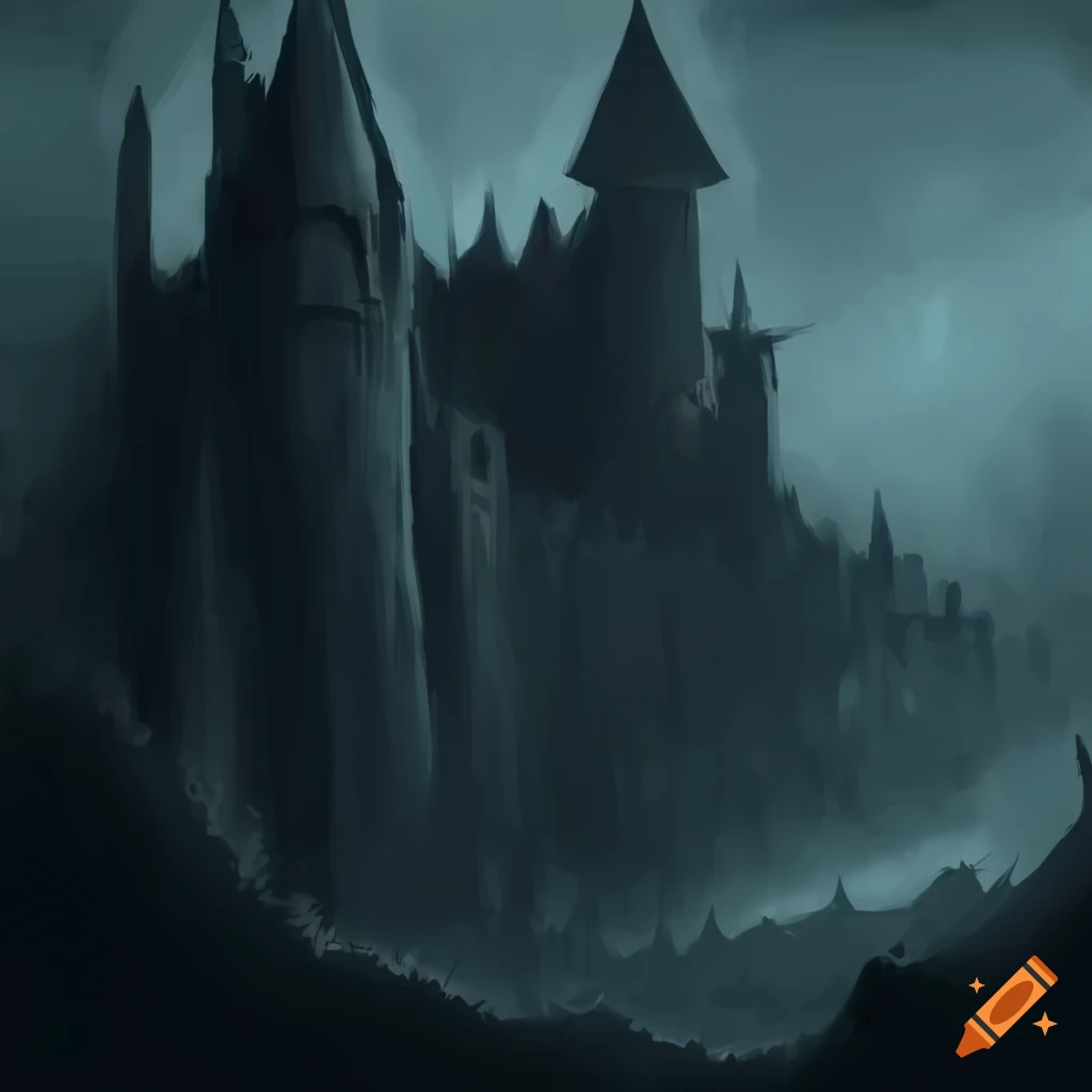 Gloomy mist-covered castle wall in manga style reminiscent of Lord of the Rings