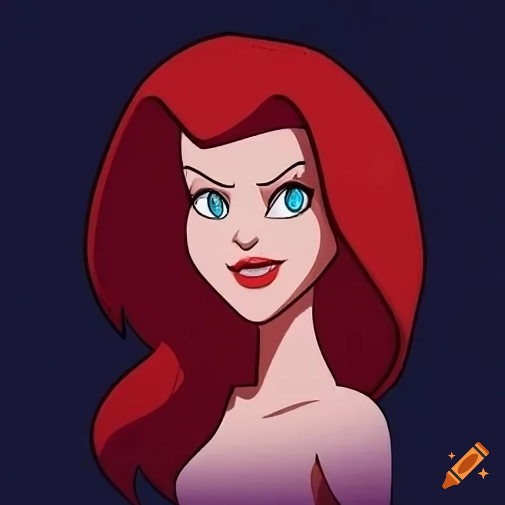 Barbara from Batman animated series with red hair and ice-blue eyes laying in bed
